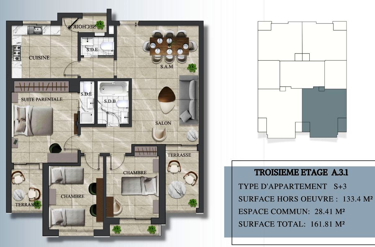 Sousse Jaouhara Sahloul Vente Appart. 3 pices Des appartements neuf  sahloul directe promoteur