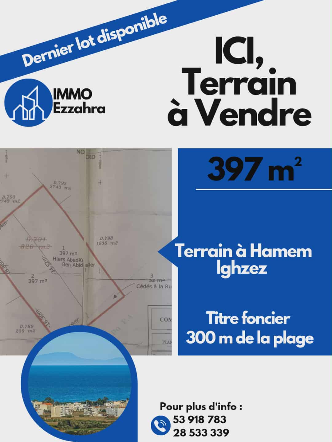 Hammam El Ghezaz Hammam El Ghezaz Terrain Terrain nu Terrain a titre bleu sur la route de la plage