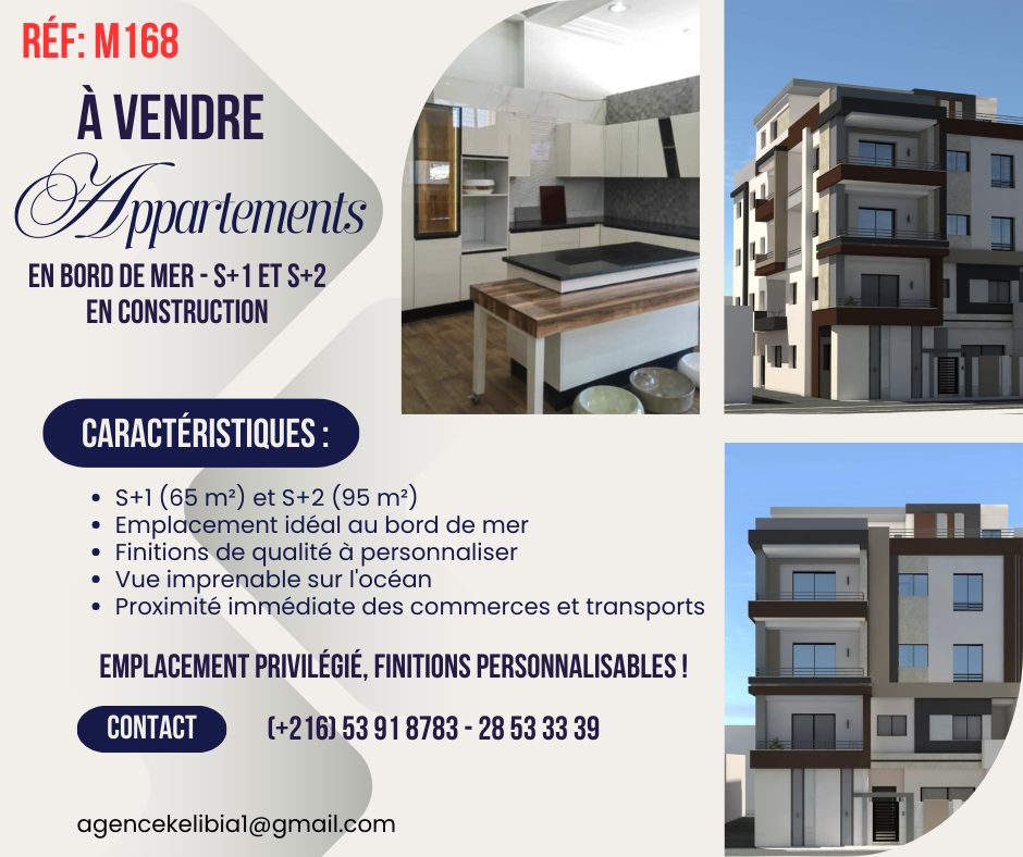 Hammam El Ghezaz Ezzahra Vente Appart. 1 pice Des appartements  vue sur mer  ezzahra klibia