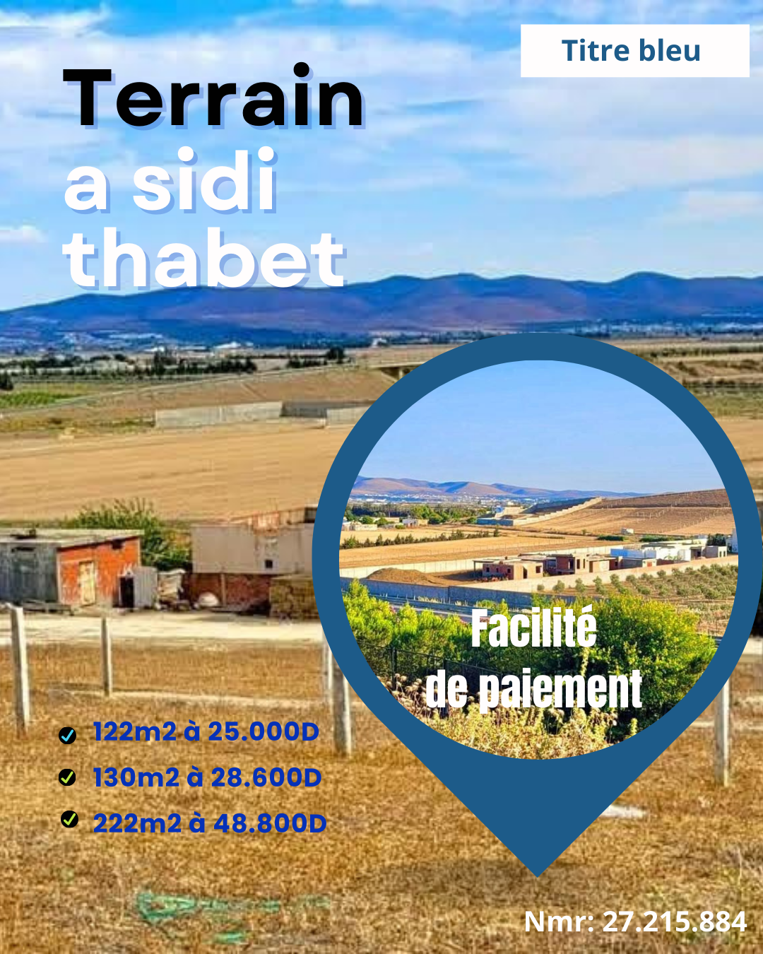 Sidi Thabet&nbsp;Chorfech 2&nbsp;Terrain&nbsp;Terrain nu&nbsp;Investissement de terrain