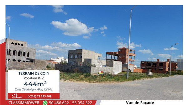 Hammam Chatt&nbsp;Borj Cedria&nbsp;Terrain&nbsp;Terrain nu&nbsp;Terrain de 444m2 de coin � 630 d le m2