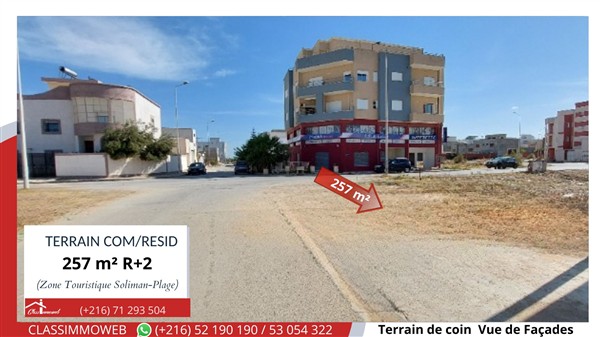 Hammam Chatt&nbsp;Borj Cedria&nbsp;Terrain&nbsp;Terrain nu&nbsp;Terrain de 257 m2 de coin com r�sid 670 tnd le m2