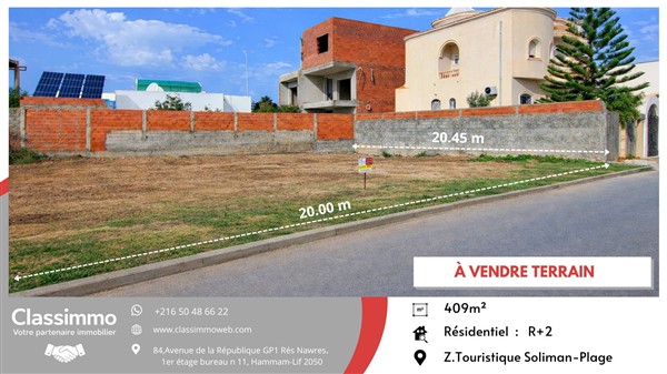 Soliman&nbsp;Soliman&nbsp;Terrain&nbsp;Terrain nu&nbsp;Terrain de 409 m2 � 485 tnd le m2