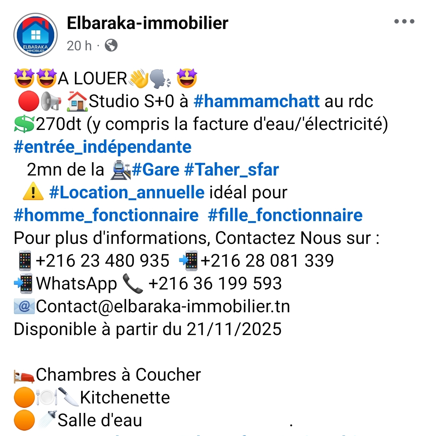 Hammam Chatt&nbsp;Hammam Chatt&nbsp;Location&nbsp;Appart. 1 pi�ce&nbsp;Studio s0 a hammam chatt  270dt