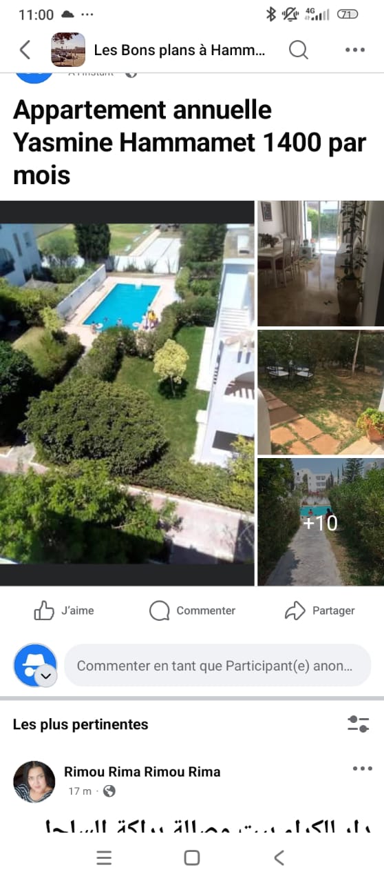 Hammamet&nbsp;Zone Hoteliere&nbsp;Location&nbsp;Appart. 3 pi�ces&nbsp;Appart s 2 meubl�  jardin piscine yasmine hammamet