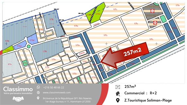 Hammam Chatt&nbsp;Borj Cedria&nbsp;Terrain&nbsp;Terrain nu&nbsp;Terrain de 257 m2 de coin com r�sid 650 tnd le m2