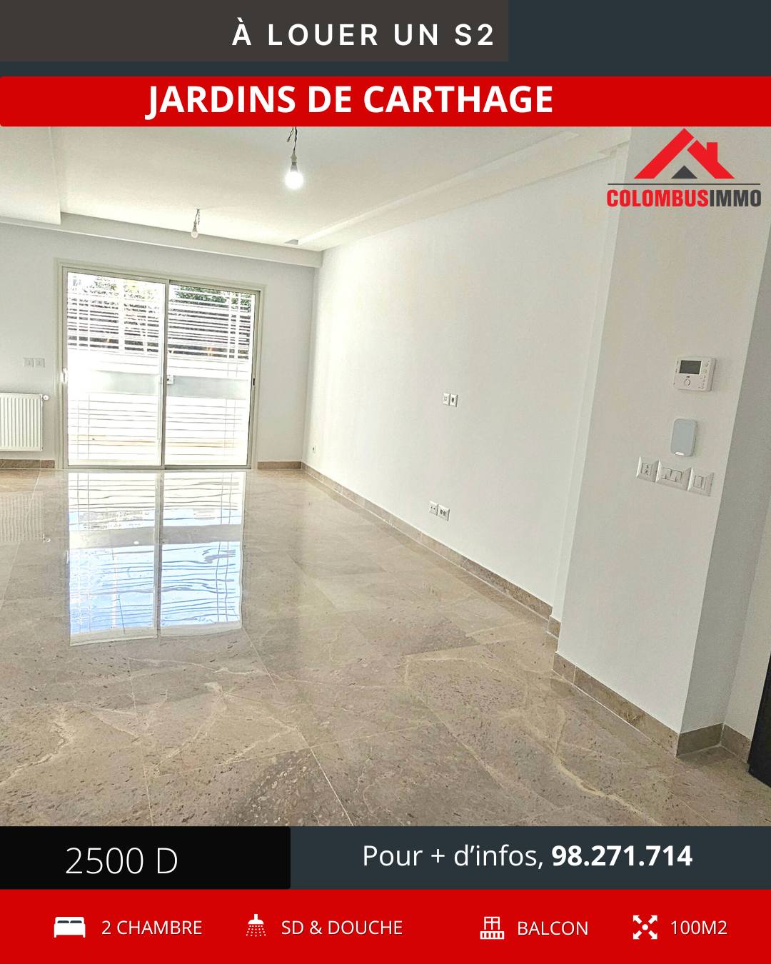 Ain Zaghouan&nbsp;Jardins de Carthage&nbsp;Location&nbsp;Appart. 3 pi�ces&nbsp;Appartement s2 neuf � jardin de carthage
