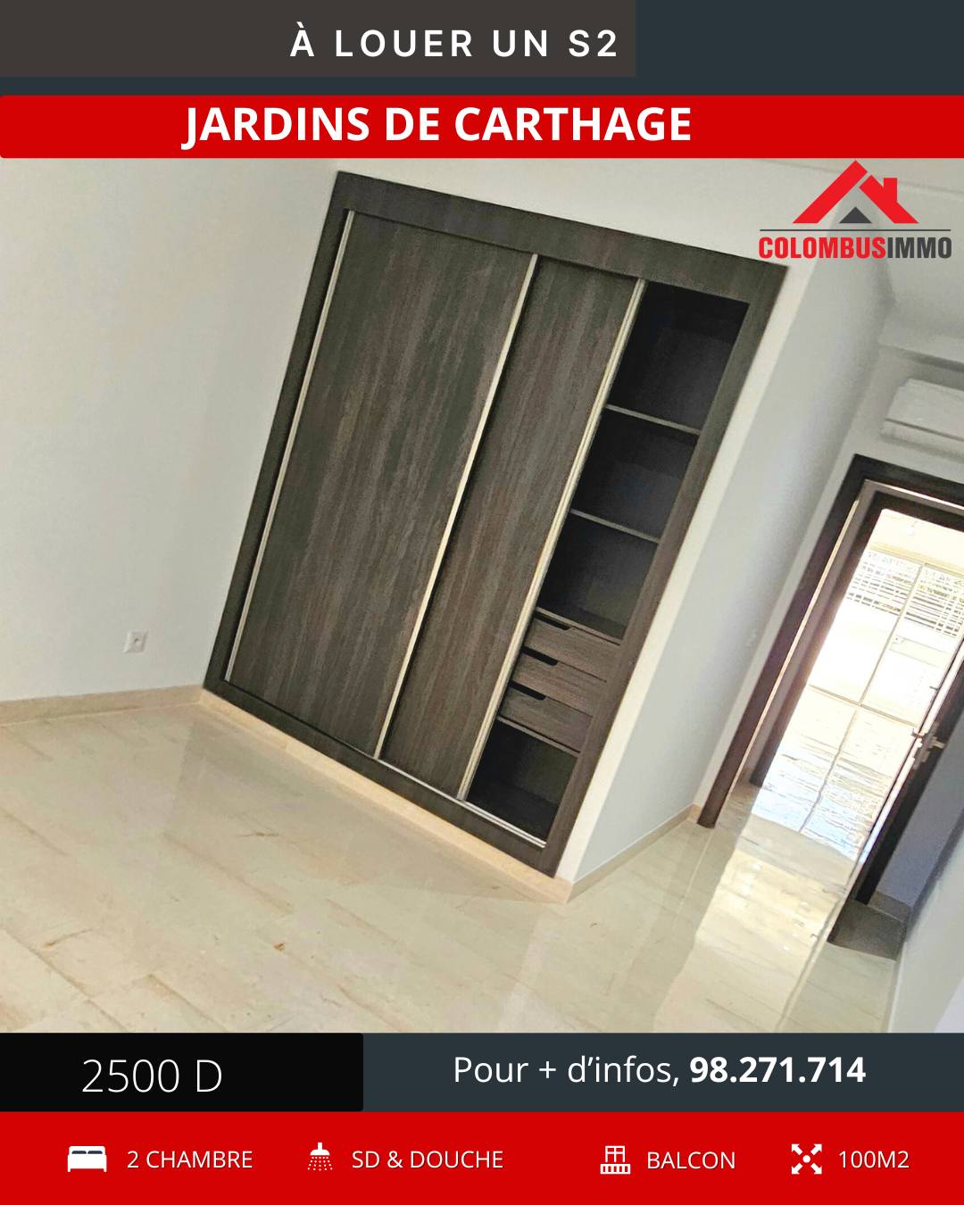 Ain Zaghouan&nbsp;Jardins de Carthage&nbsp;Location&nbsp;Appart. 3 pi�ces&nbsp;Appartement s2 neuf � jardin de carthage