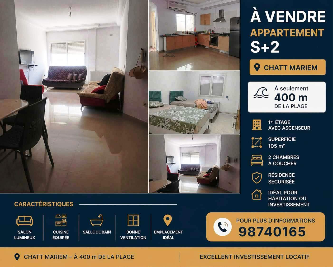 Akouda&nbsp;Chatt Meriem&nbsp;Vente&nbsp;Appart. 3 pi�ces&nbsp;Appartement s2 proche de la plage tantana