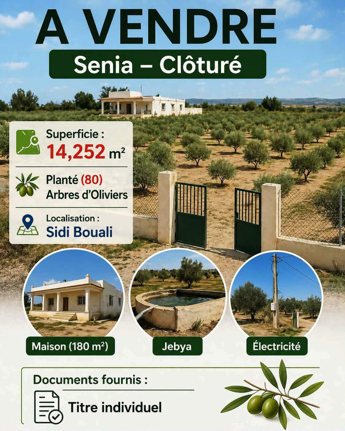 Sidi Bou Ali&nbsp;Sidi Bou Ali&nbsp;Terrain&nbsp;Terrain agricole&nbsp;Occasion senia cl�tur� 14252m � sidi bouali