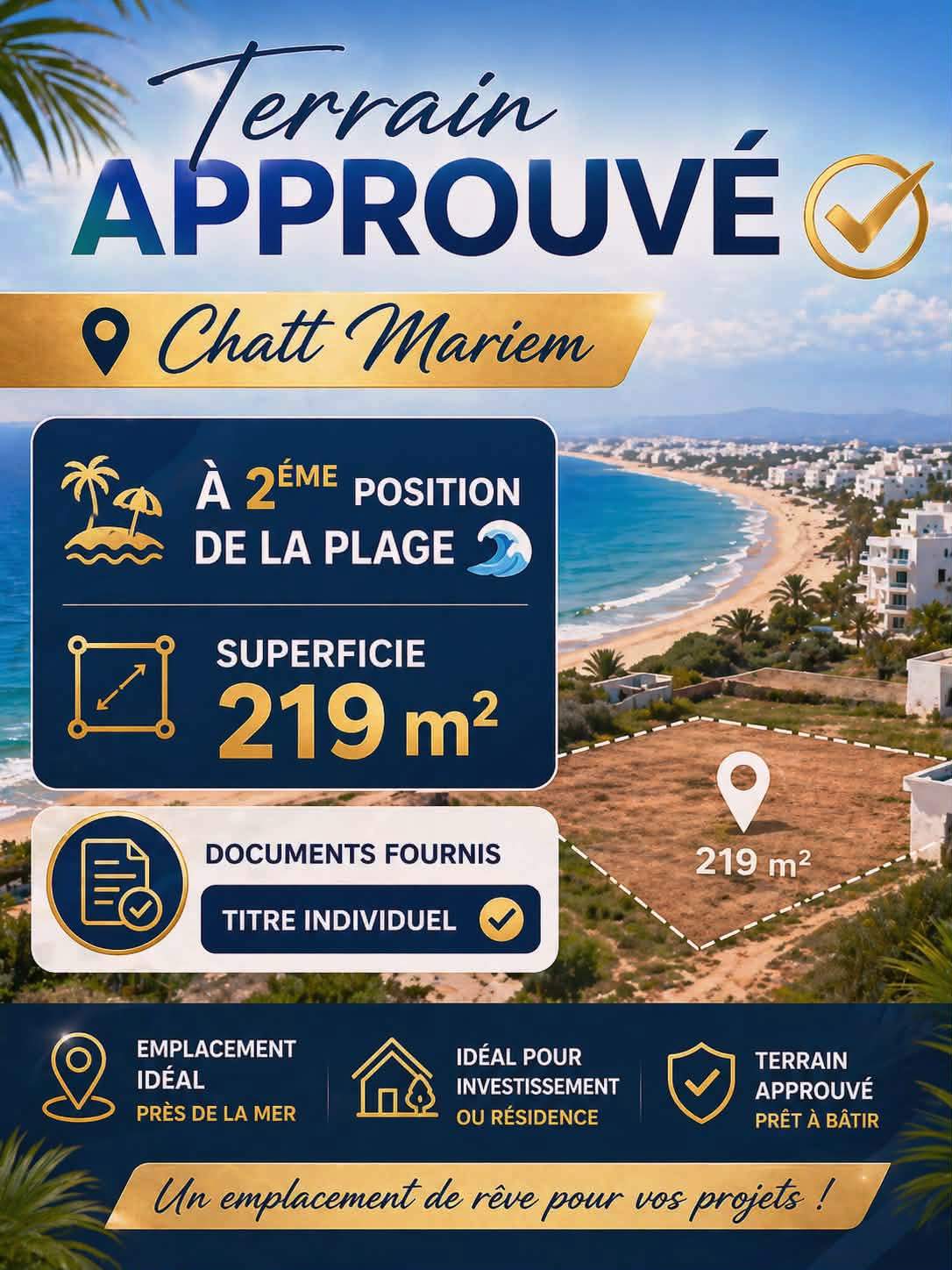 Akouda&nbsp;Chatt Meriem&nbsp;Terrain&nbsp;Terrain nu&nbsp;Lot 219m au 2�me position de la plage chatt mariem