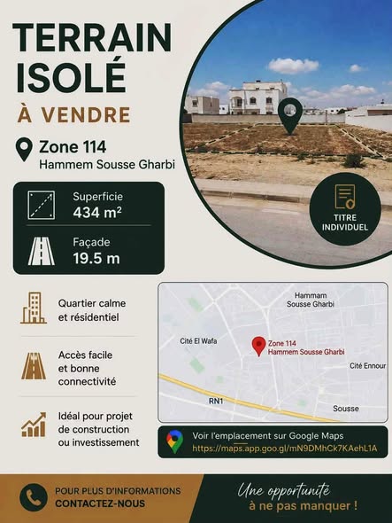 Hammam Sousse&nbsp;Hammam Sousse Gharbi&nbsp;Terrain&nbsp;Terrain nu&nbsp;Terrain isol� 434m zone 114 hammam sousse ghrabi