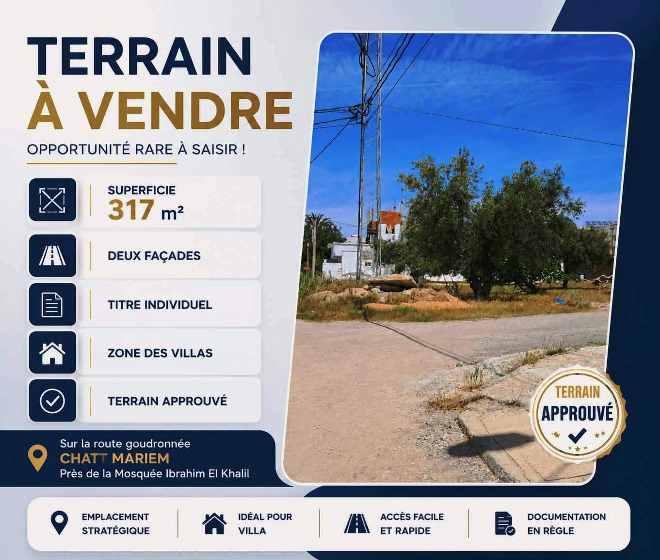Akouda&nbsp;Chatt Meriem&nbsp;Terrain&nbsp;Terrain nu&nbsp;Terrain approuv� 317m deux fa�ades � chatt mariem