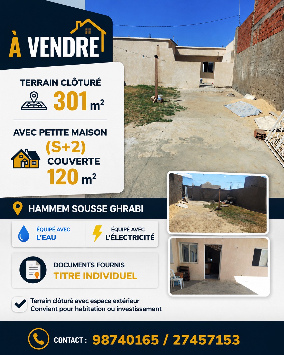 Hammam Sousse&nbsp;Hammam Sousse Gharbi&nbsp;Terrain&nbsp;Terrain nu&nbsp;Lot cl�tur� avec espace ext�rieur � hammem sousse