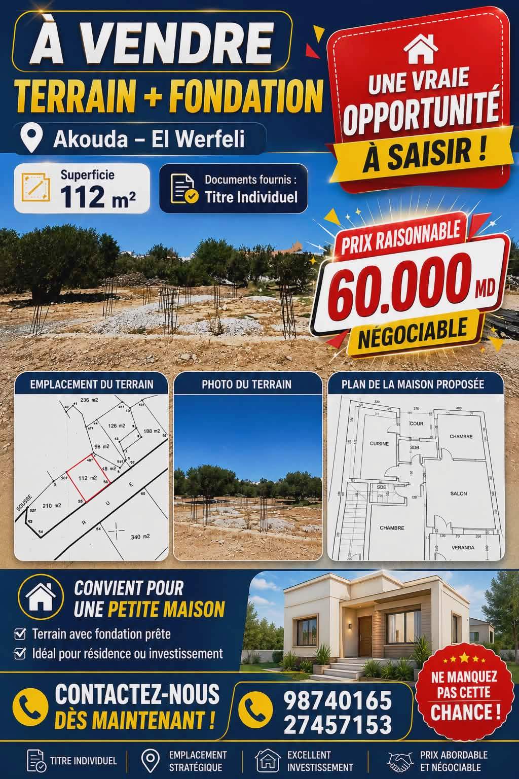 Akouda&nbsp;Akouda&nbsp;Terrain&nbsp;Terrain nu&nbsp;Terrain 112m avec fondation � akouda el werfeli