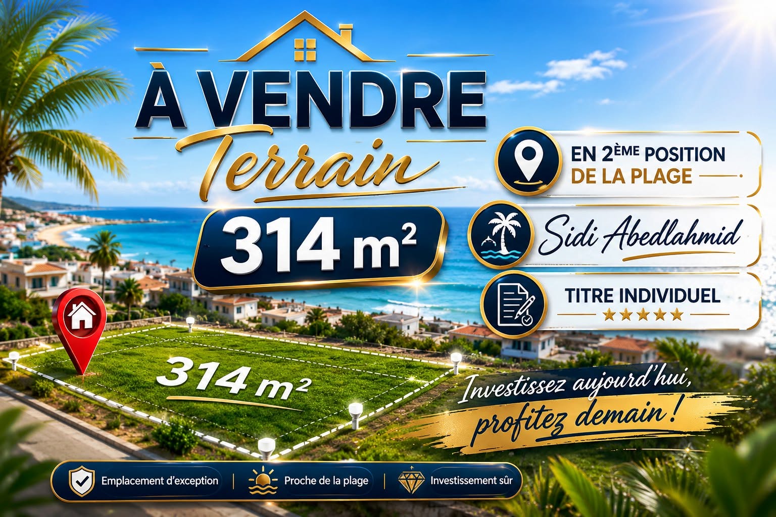 Sousse Jaouhara&nbsp;Cite Sidi Abdelhamid&nbsp;Terrain&nbsp;Terrain nu&nbsp;Lot au 2�me position de la plage sidi abdelhamid