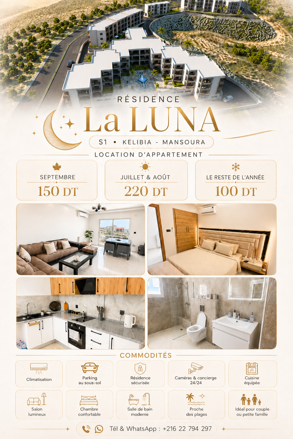 Kelibia&nbsp;Kelibia&nbsp;Location vacances&nbsp;Appart. 1 pi�ce&nbsp;R�sidence la luna s1 mansoura 220 dr par jour