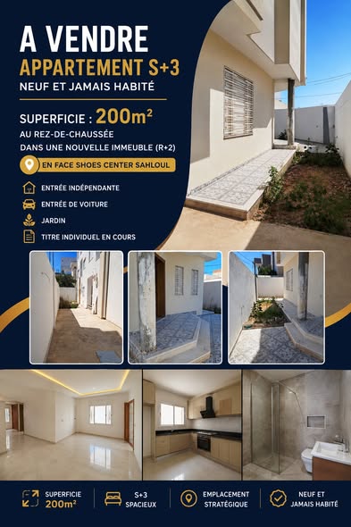 Sousse Jaouhara&nbsp;Sahloul&nbsp;Vente&nbsp;Appart. 4 pi�ces&nbsp;Appartement s3 en face shoes center sahloul