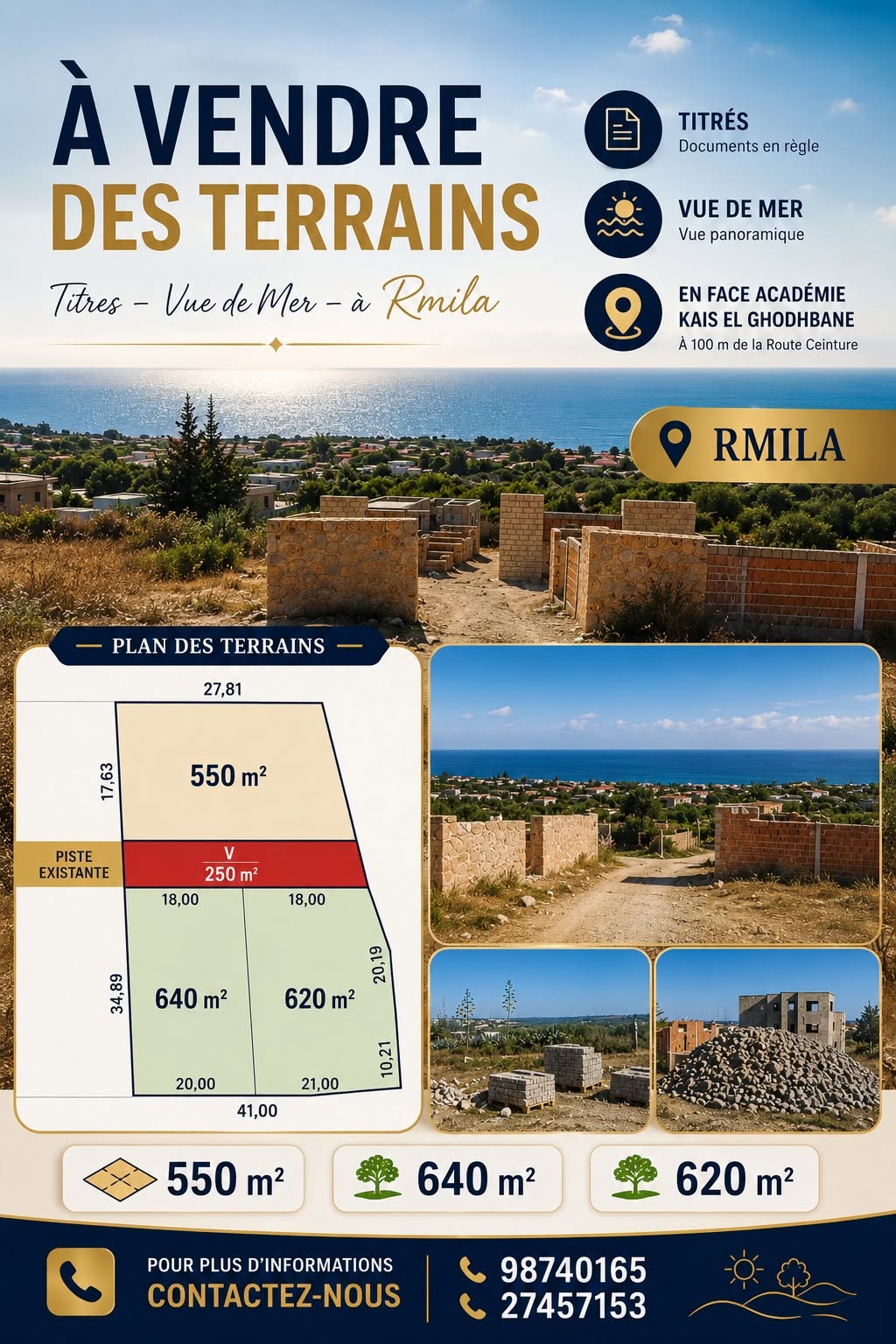 Akouda&nbsp;Chatt Meriem&nbsp;Terrain&nbsp;Terrain nu&nbsp;Des terrains 550m et 620m et 640m � rmila