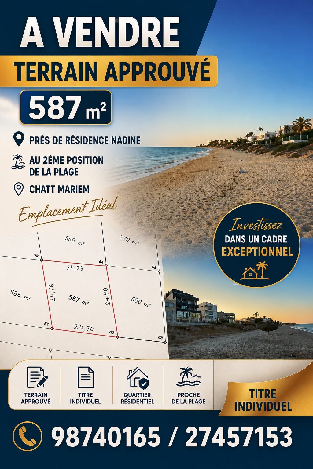 Akouda&nbsp;Chatt Meriem&nbsp;Terrain&nbsp;Terrain nu&nbsp;Lot 587m au 2�me position de la plage chatt mariem