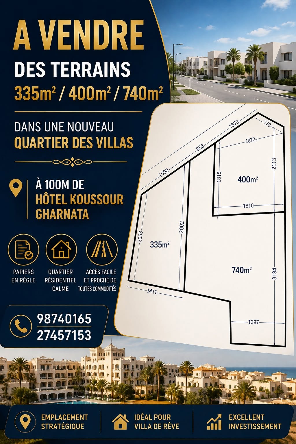 Akouda&nbsp;Chatt Meriem&nbsp;Terrain&nbsp;Terrain nu&nbsp;Terrains 335m et 400m et 740m � koussour gharnata