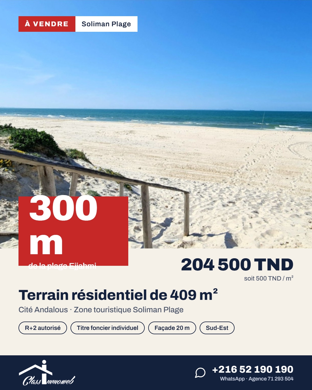 Soliman&nbsp;Soliman&nbsp;Terrain&nbsp;Terrain nu&nbsp;Terrain de 409 m2 � 500 tnd le m2