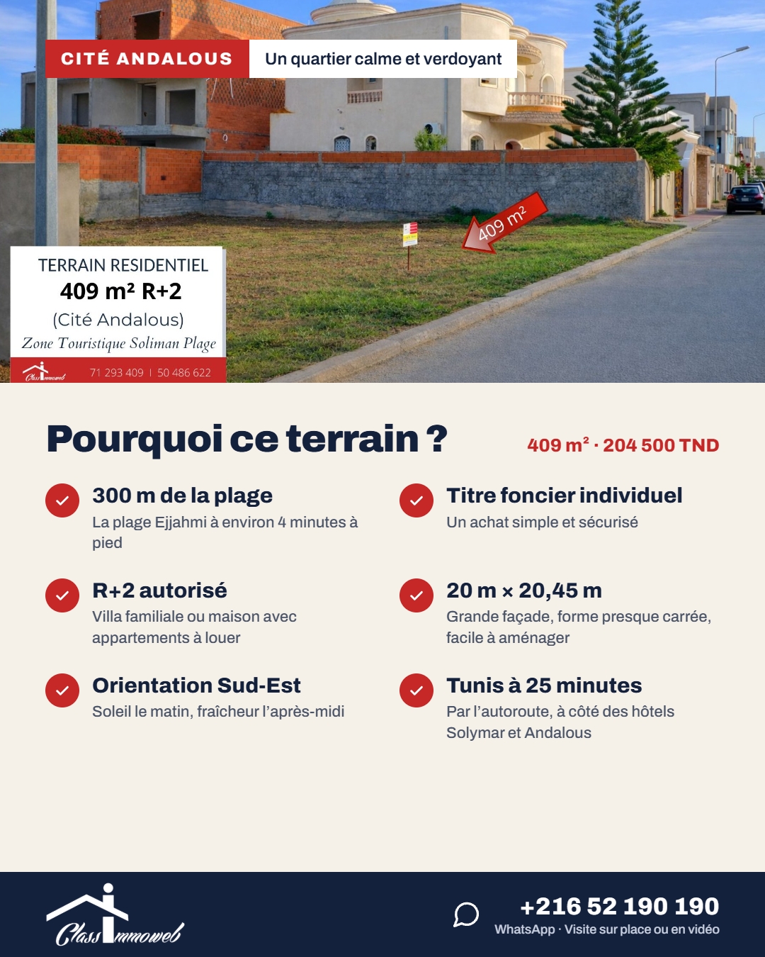 Soliman&nbsp;Soliman&nbsp;Terrain&nbsp;Terrain nu&nbsp;Terrain de 409 m2 � 500 tnd le m2