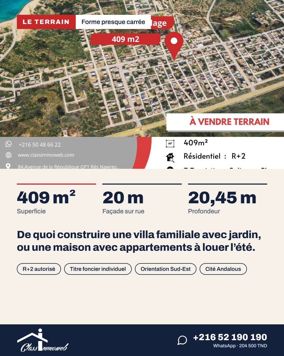 Soliman&nbsp;Soliman&nbsp;Terrain&nbsp;Terrain nu&nbsp;Terrain de 409 m2 � 500 tnd le m2