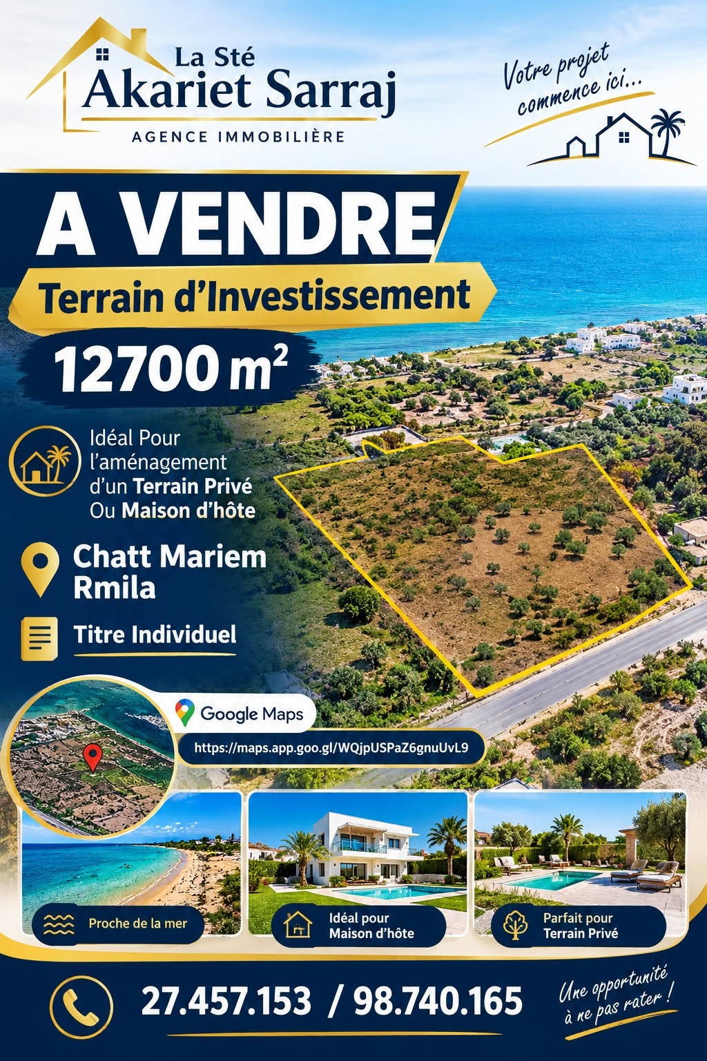 Akouda&nbsp;Chatt Meriem&nbsp;Terrain&nbsp;Terrain agricole&nbsp;Opportunit� terrain d'investisement 12700m � rmila