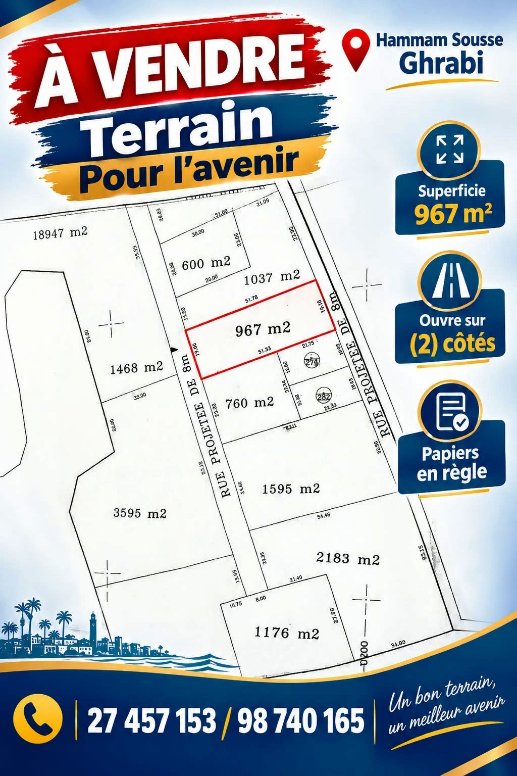 Hammam Sousse&nbsp;Hammam Sousse Gharbi&nbsp;Terrain&nbsp;Terrain nu&nbsp;Terrain pour l'avenir 967m � hammem sousse ghrabi