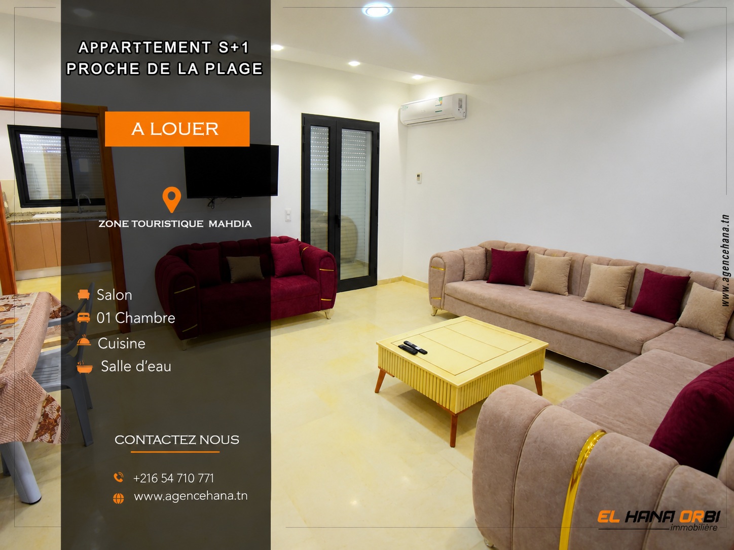 Mahdia&nbsp;Mahdia&nbsp;Location&nbsp;Appart. 1 pi�ce&nbsp;S1 proche de la plage � mahdia